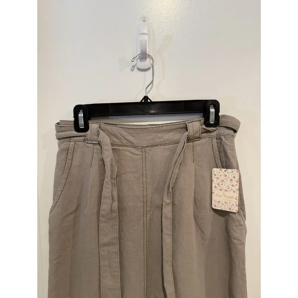 Free People Womens Sz 2 Linen Cotton Midi Skirt Mushroom Belted Front Slit Boho